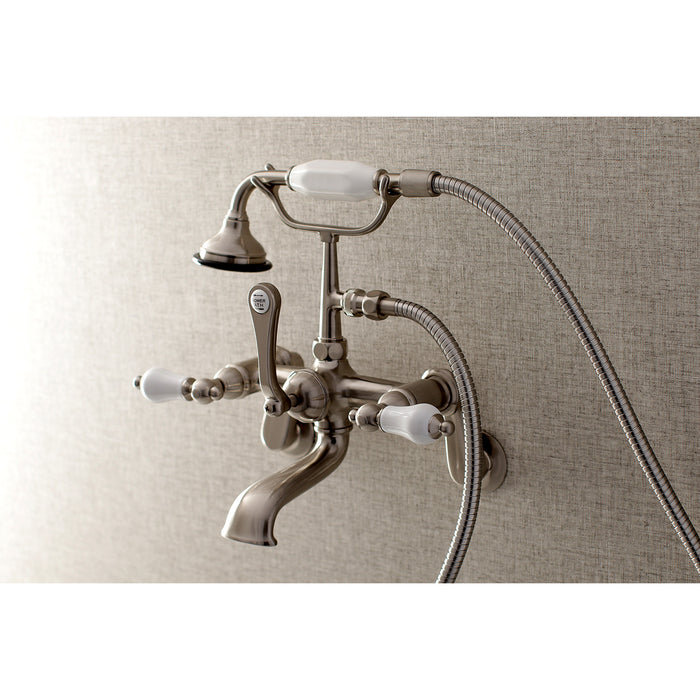 Kingston Heirloom AE55T8 - Aqua Vintage Three-Handle 2-Hole Tub Wall Mount Clawfoot Tub Faucet with Hand Shower, Brushed Nickel