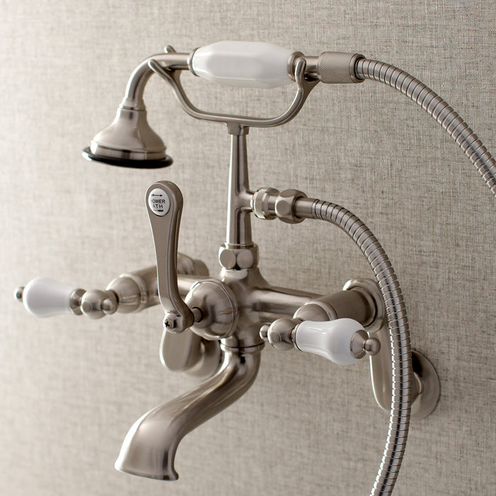 Kingston Heirloom AE55T8 - Aqua Vintage Three-Handle 2-Hole Tub Wall Mount Clawfoot Tub Faucet with Hand Shower, Brushed Nickel