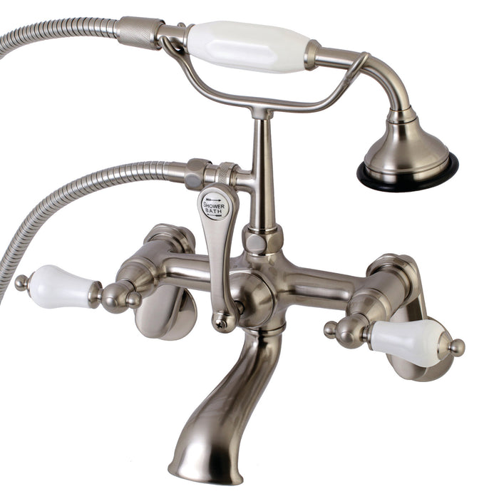 Kingston Heirloom AE55T8 - Aqua Vintage Three-Handle 2-Hole Tub Wall Mount Clawfoot Tub Faucet with Hand Shower, Brushed Nickel