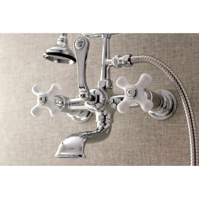 Kingston Heirloom AE560T1 - Aqua Vintage Three-Handle 2-Hole Tub Wall Mount Clawfoot Tub Faucet with Hand Shower, Polished Chrome