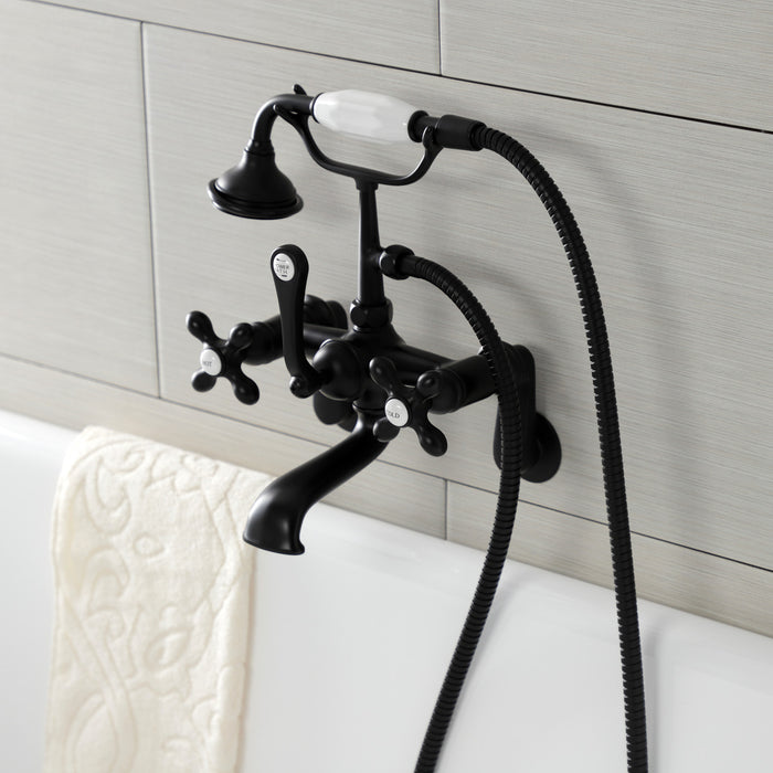 Kingston Heirloom AE57T0 - Aqua Vintage Three-Handle 2-Hole Tub Wall Mount Clawfoot Tub Faucet with Hand Shower, Matte Black