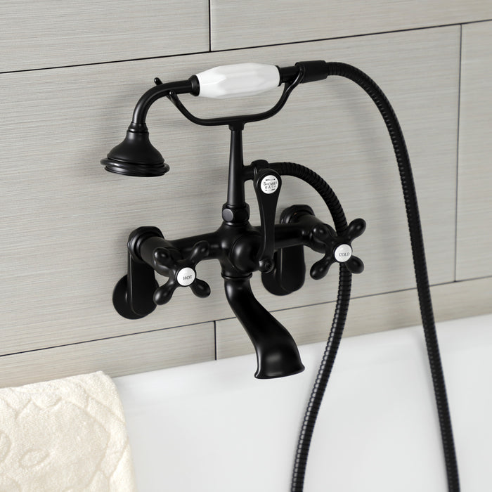 Kingston Heirloom AE57T0 - Aqua Vintage Three-Handle 2-Hole Tub Wall Mount Clawfoot Tub Faucet with Hand Shower, Matte Black