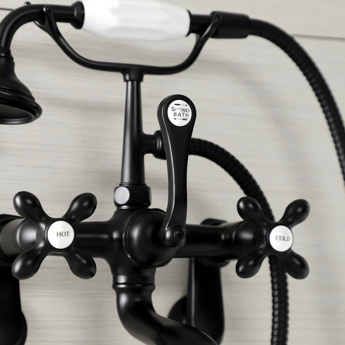 Kingston Heirloom AE57T0 - Aqua Vintage Three-Handle 2-Hole Tub Wall Mount Clawfoot Tub Faucet with Hand Shower, Matte Black
