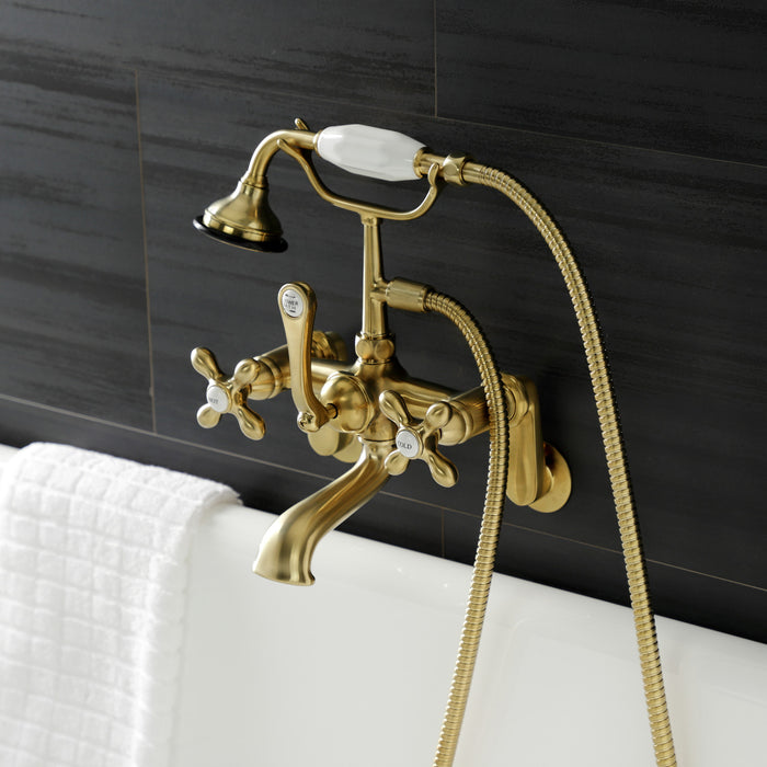 Kingston Heirloom AE57T7 - Aqua Vintage Three-Handle 2-Hole Tub Wall Mount Clawfoot Tub Faucet with Hand Shower, Brushed Brass