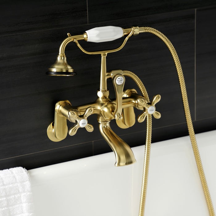 Kingston Heirloom AE57T7 - Aqua Vintage Three-Handle 2-Hole Tub Wall Mount Clawfoot Tub Faucet with Hand Shower, Brushed Brass