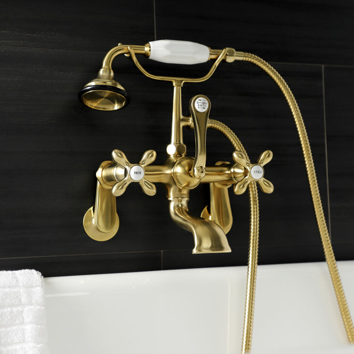 Kingston Heirloom AE57T7 - Aqua Vintage Three-Handle 2-Hole Tub Wall Mount Clawfoot Tub Faucet with Hand Shower, Brushed Brass