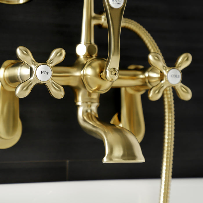 Kingston Heirloom AE57T7 - Aqua Vintage Three-Handle 2-Hole Tub Wall Mount Clawfoot Tub Faucet with Hand Shower, Brushed Brass