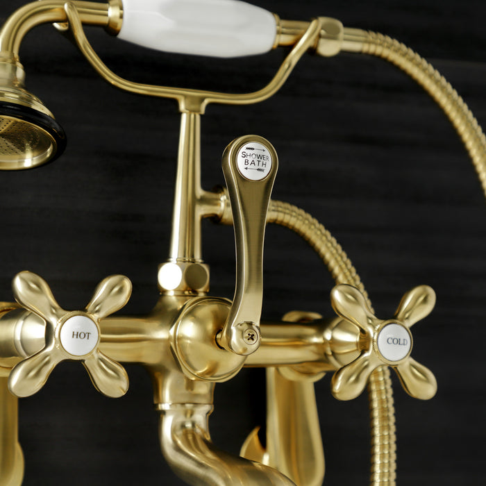 Kingston Heirloom AE57T7 - Aqua Vintage Three-Handle 2-Hole Tub Wall Mount Clawfoot Tub Faucet with Hand Shower, Brushed Brass