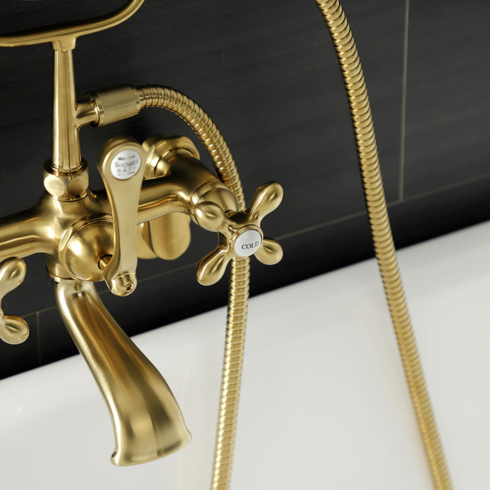 Kingston Heirloom AE57T7 - Aqua Vintage Three-Handle 2-Hole Tub Wall Mount Clawfoot Tub Faucet with Hand Shower, Brushed Brass