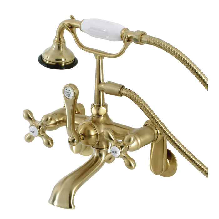 Kingston Heirloom AE57T7 - Aqua Vintage Three-Handle 2-Hole Tub Wall Mount Clawfoot Tub Faucet with Hand Shower, Brushed Brass