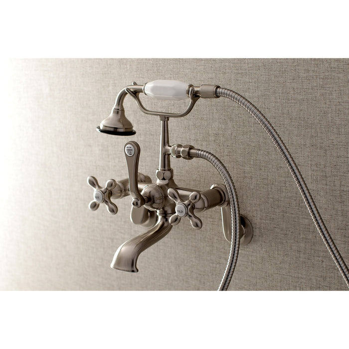Kingston Heirloom AE57T8 - Aqua Vintage Three-Handle 2-Hole Tub Wall Mount Clawfoot Tub Faucet with Hand Shower, Brushed Nickel