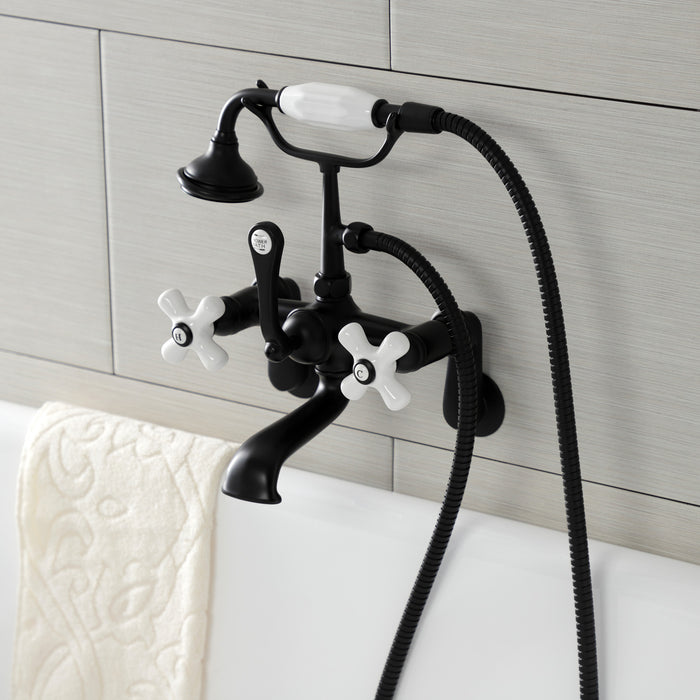 Kingston Heirloom AE59T0 - Aqua Vintage Three-Handle 2-Hole Tub Wall Mount Clawfoot Tub Faucet with Hand Shower, Matte Black