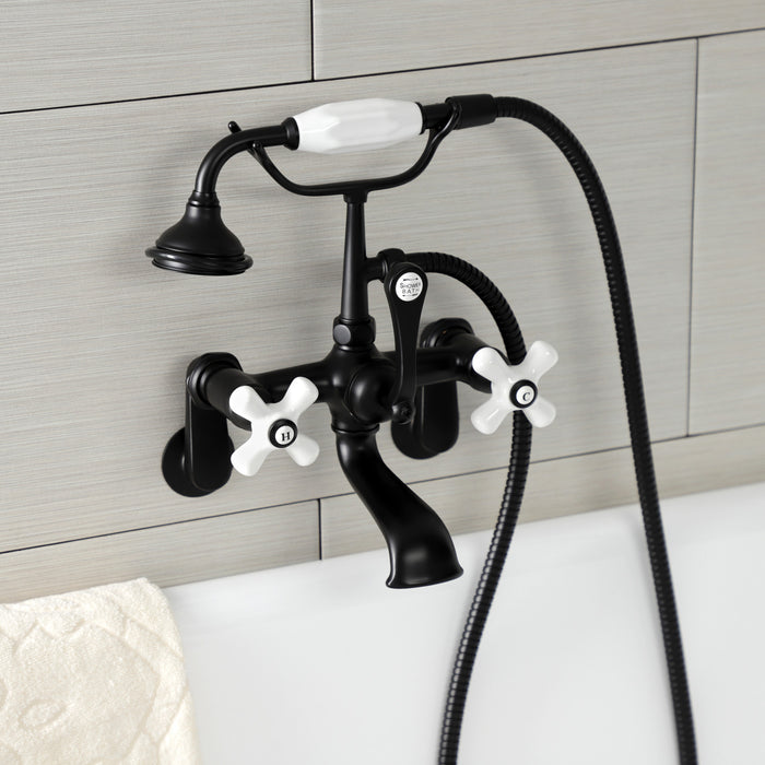 Kingston Heirloom AE59T0 - Aqua Vintage Three-Handle 2-Hole Tub Wall Mount Clawfoot Tub Faucet with Hand Shower, Matte Black