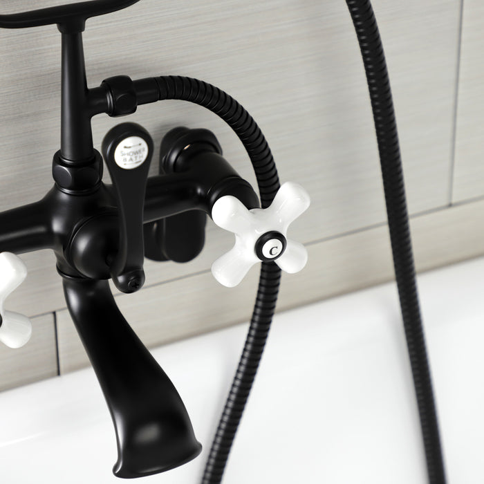 Kingston Heirloom AE59T0 - Aqua Vintage Three-Handle 2-Hole Tub Wall Mount Clawfoot Tub Faucet with Hand Shower, Matte Black