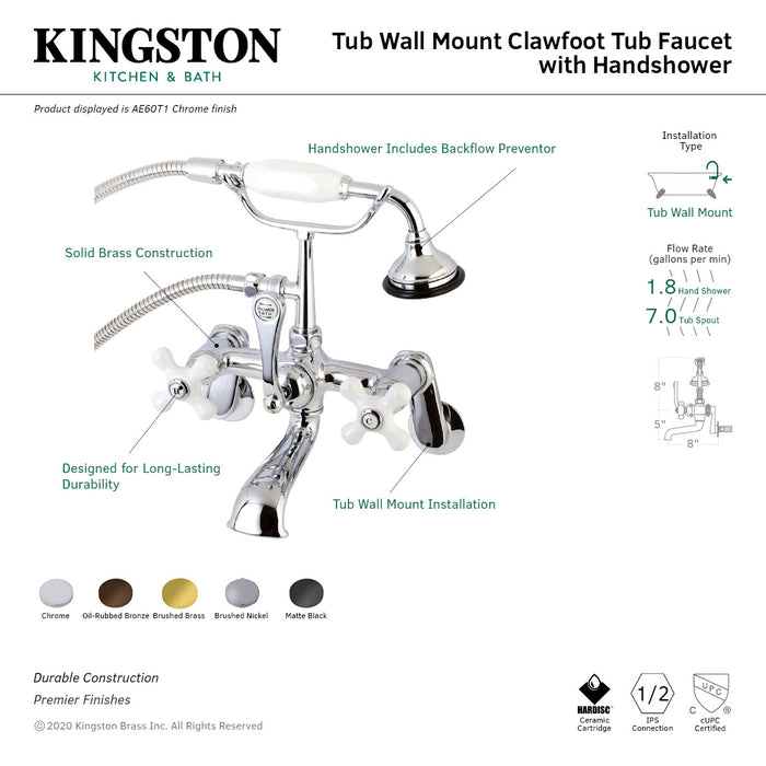 Kingston Heirloom AE59T7 - Aqua Vintage Three-Handle 2-Hole Tub Wall Mount Clawfoot Tub Faucet with Hand Shower, Brushed Brass