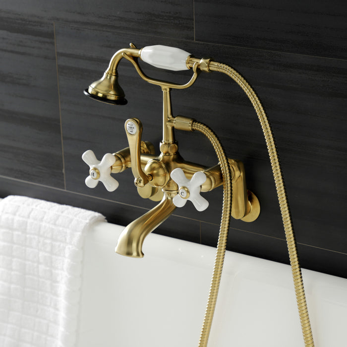 Kingston Heirloom AE59T7 - Aqua Vintage Three-Handle 2-Hole Tub Wall Mount Clawfoot Tub Faucet with Hand Shower, Brushed Brass