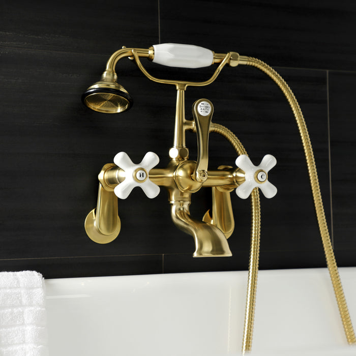 Kingston Heirloom AE59T7 - Aqua Vintage Three-Handle 2-Hole Tub Wall Mount Clawfoot Tub Faucet with Hand Shower, Brushed Brass