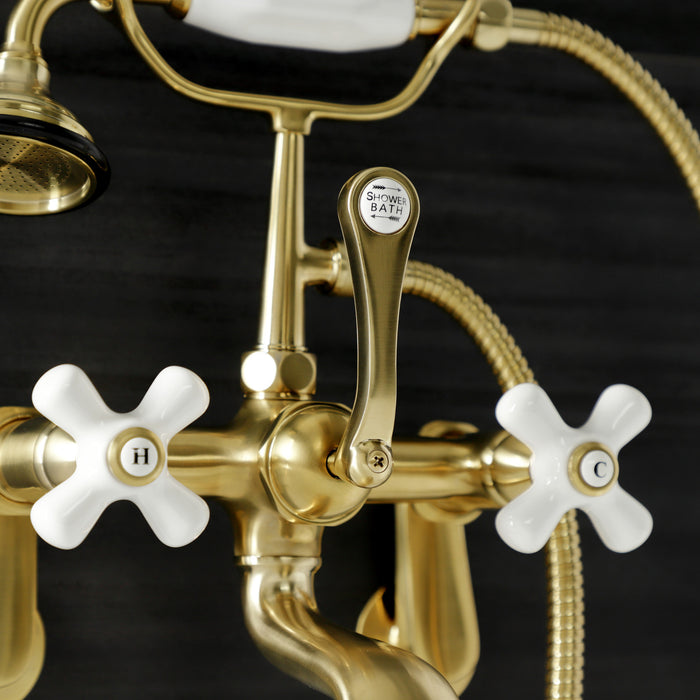 Kingston Heirloom AE59T7 - Aqua Vintage Three-Handle 2-Hole Tub Wall Mount Clawfoot Tub Faucet with Hand Shower, Brushed Brass