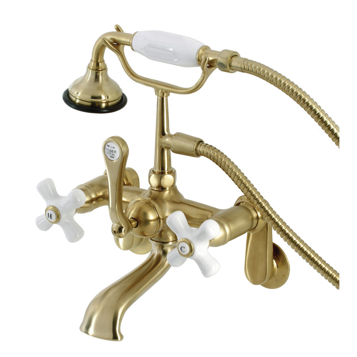 Kingston Heirloom AE59T7 - Aqua Vintage Three-Handle 2-Hole Tub Wall Mount Clawfoot Tub Faucet with Hand Shower, Brushed Brass