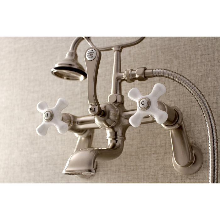 Kingston Heirloom AE59T8 - Aqua Vintage Three-Handle 2-Hole Tub Wall Mount Clawfoot Tub Faucet with Hand Shower, Brushed Nickel