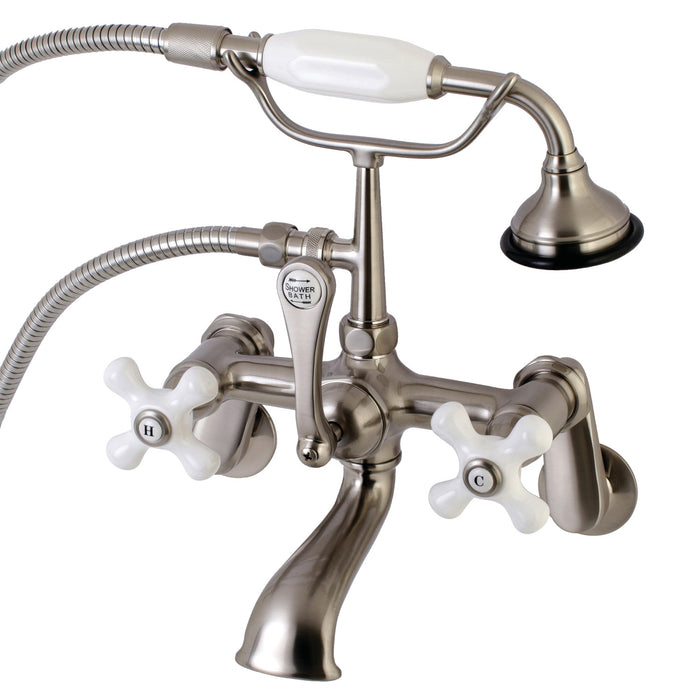 Kingston Heirloom AE59T8 - Aqua Vintage Three-Handle 2-Hole Tub Wall Mount Clawfoot Tub Faucet with Hand Shower, Brushed Nickel