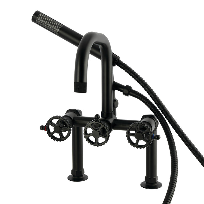 Kingston Sona AE6000CG - Fuller Three-Handle 2-Hole Deck-Mount Clawfoot Tub Faucet with Hand Shower, Matte Black