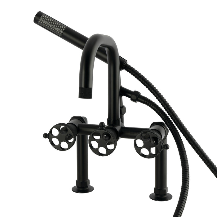 Kingston Sona AE6000RKX - Webb Three-Handle 2-Hole Deck-Mount Clawfoot Tub Faucet with Knurled Handle and Hand Shower, Matte Black