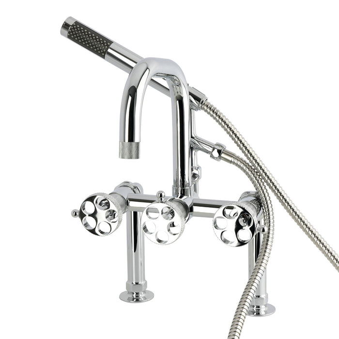 Kingston Sona AE6001RKX - Webb Three-Handle 2-Hole Deck-Mount Clawfoot Tub Faucet with Knurled Handle and Hand Shower, Polished Chrome