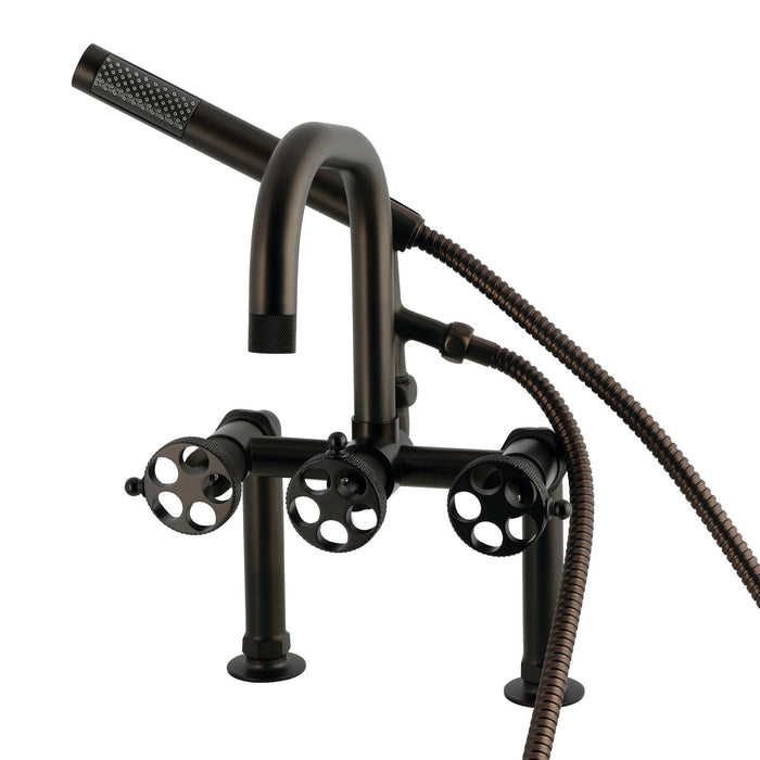 Kingston Sona AE6005RKX - Webb Three-Handle 2-Hole Deck-Mount Clawfoot Tub Faucet with Knurled Handle and Hand Shower, Oil Rubbed Bronze