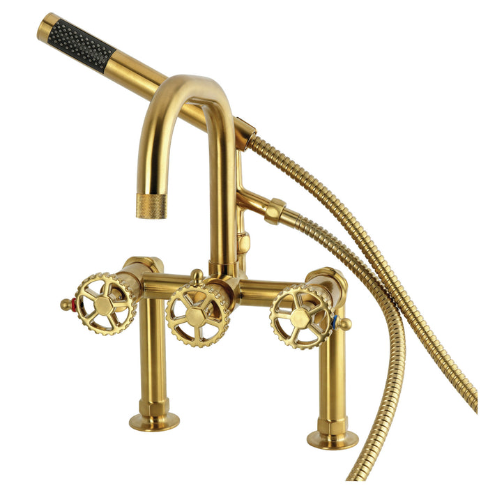 Kingston Sona AE6007CG - Fuller Three-Handle 2-Hole Deck-Mount Clawfoot Tub Faucet with Hand Shower, Brushed Brass