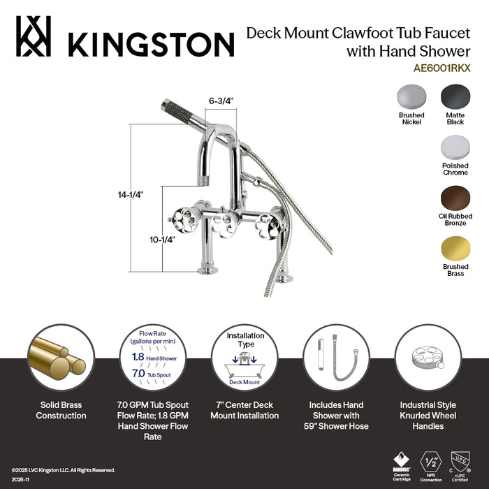 Kingston Sona AE6007RKX - Webb Three-Handle 2-Hole Deck-Mount Clawfoot Tub Faucet with Knurled Handle and Hand Shower, Brushed Brass