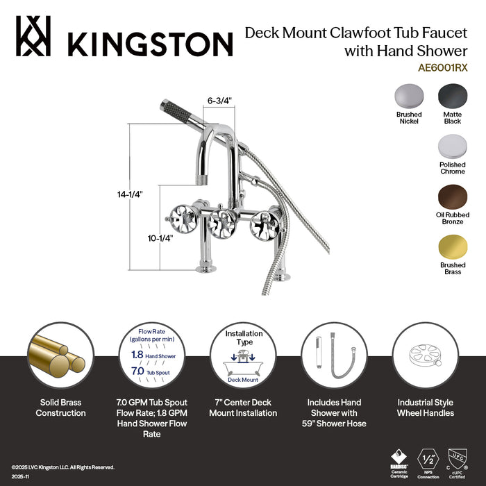 Kingston Sona AE6007RX - Belknap Three-Handle 2-Hole Deck-Mount Clawfoot Tub Faucet with Hand Shower, Brushed Brass