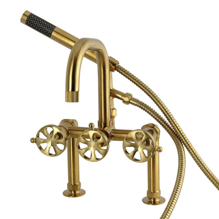 Kingston Sona AE6007RX - Belknap Three-Handle 2-Hole Deck-Mount Clawfoot Tub Faucet with Hand Shower, Brushed Brass