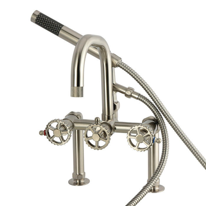 Kingston Sona AE6008CG - Fuller Three-Handle 2-Hole Deck-Mount Clawfoot Tub Faucet with Hand Shower, Brushed Nickel