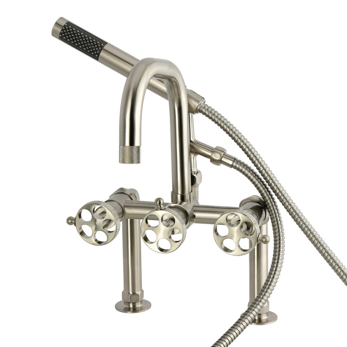 Kingston Sona AE6008RKX - Webb Three-Handle 2-Hole Deck-Mount Clawfoot Tub Faucet with Knurled Handle and Hand Shower, Brushed Nickel