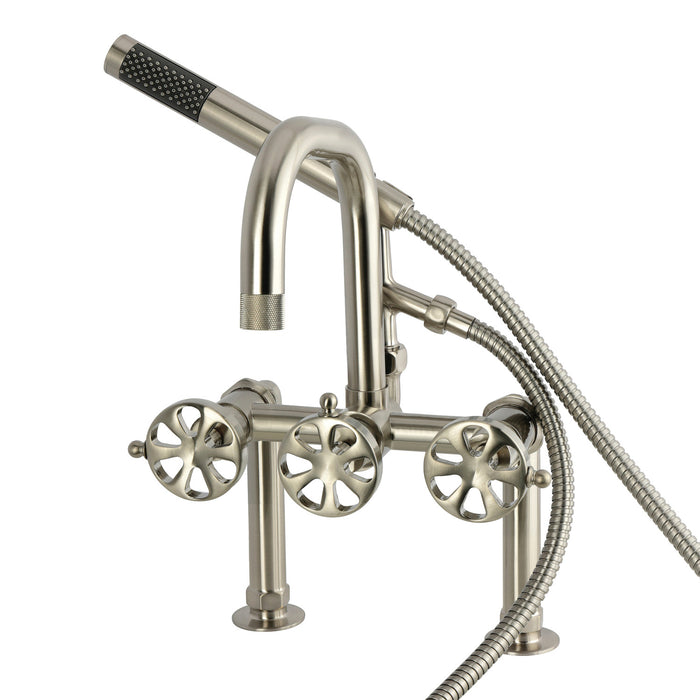 Kingston Sona AE6008RX - Belknap Three-Handle 2-Hole Deck-Mount Clawfoot Tub Faucet with Hand Shower, Brushed Nickel