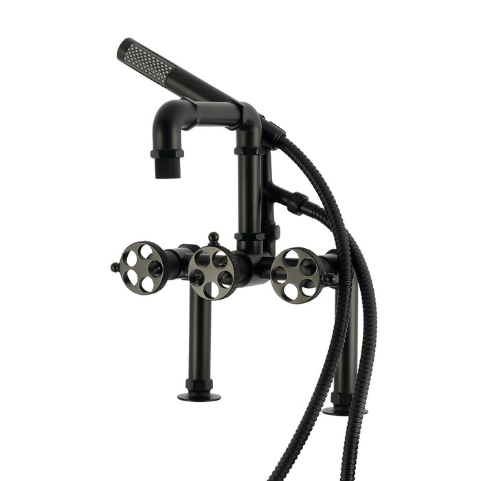 Kingston Sona AE6400RKX - Webb Three-Handle 2-Hole Deck-Mount Clawfoot Tub Faucet with Knurled Handle and Hand Shower, Matte Black