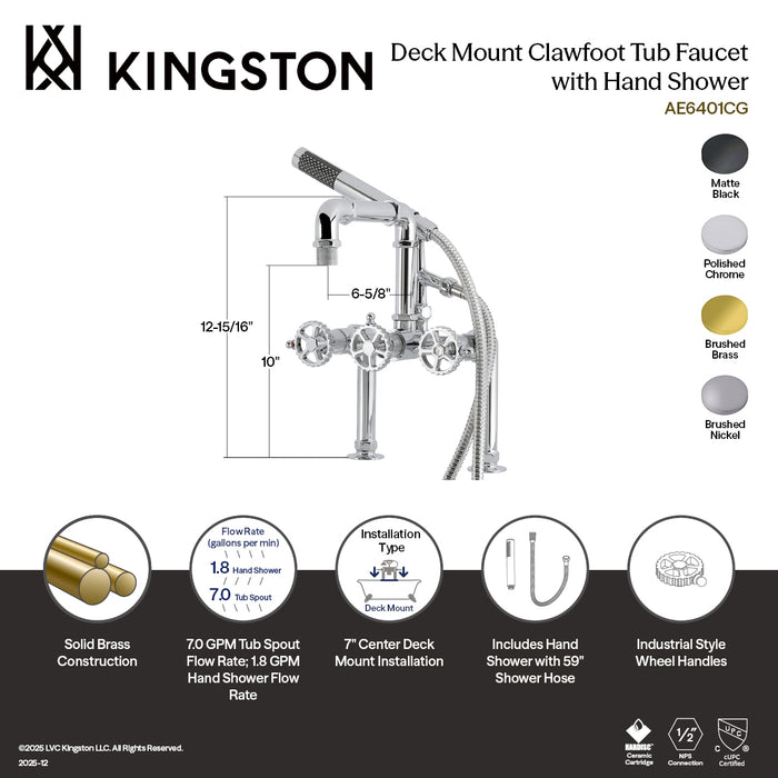 Kingston Sona AE6401CG - Fuller Three-Handle 2-Hole Deck-Mount Clawfoot Tub Faucet with Hand Shower, Polished Chrome