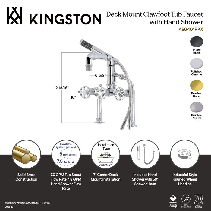 Kingston Sona AE6401RKX - Webb Three-Handle 2-Hole Deck-Mount Clawfoot Tub Faucet with Knurled Handle and Hand Shower, Polished Chrome