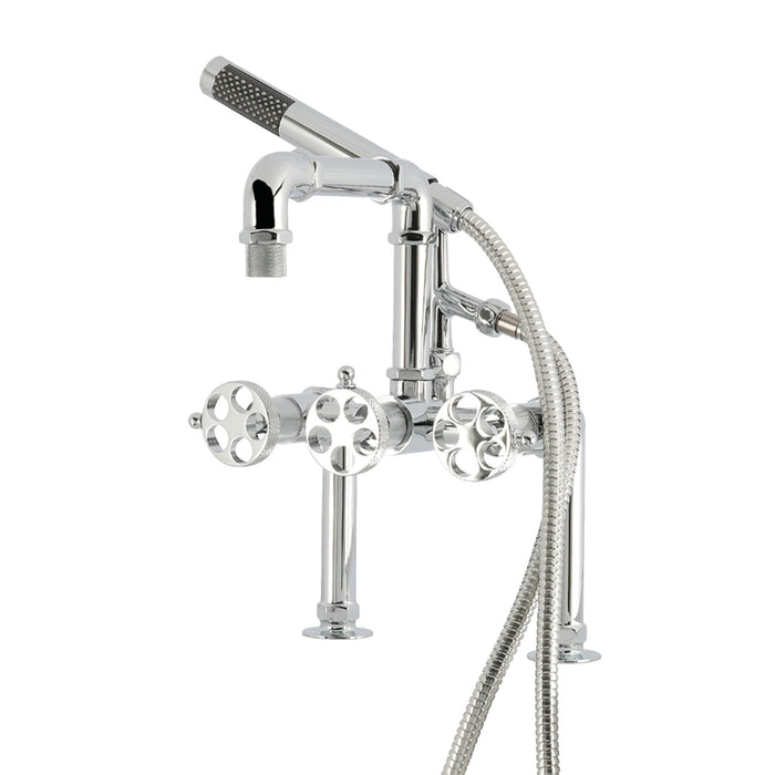 Kingston Sona AE6401RKX - Webb Three-Handle 2-Hole Deck-Mount Clawfoot Tub Faucet with Knurled Handle and Hand Shower, Polished Chrome