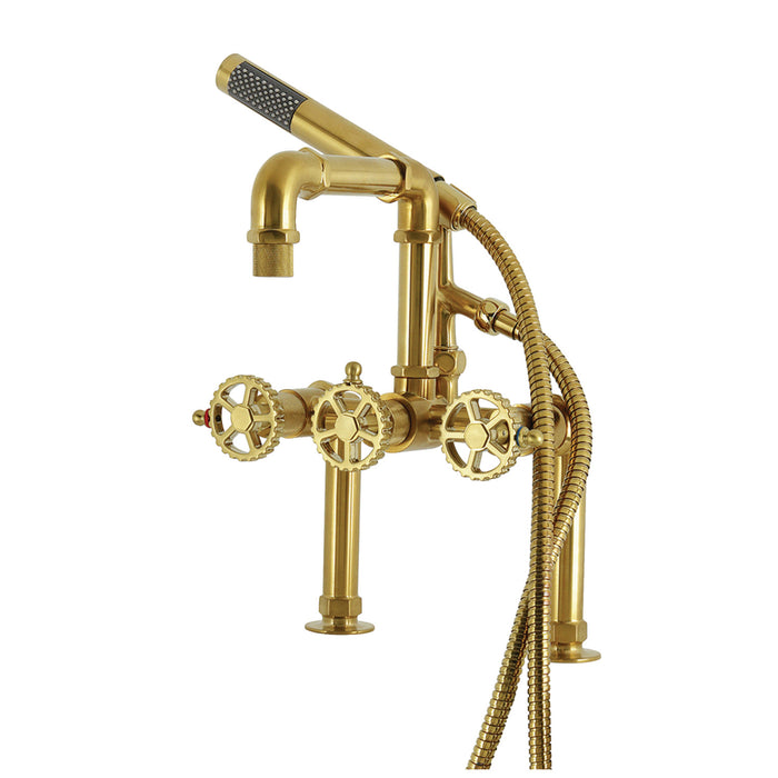 Kingston Sona AE6407CG - Fuller Three-Handle 2-Hole Deck-Mount Clawfoot Tub Faucet with Hand Shower, Brushed Brass