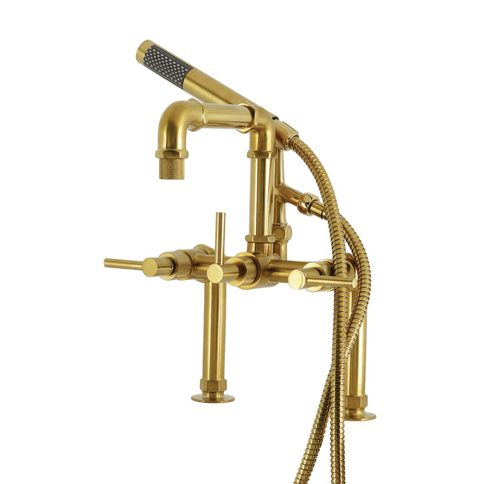 Kingston Sona AE6407DL - Concord Three-Handle 2-Hole Deck-Mount Clawfoot Tub Faucet with Hand Shower, Brushed Brass