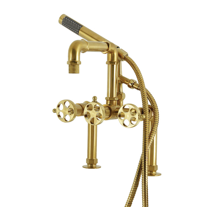 Kingston Sona AE6407RKX - Webb Three-Handle 2-Hole Deck-Mount Clawfoot Tub Faucet with Knurled Handle and Hand Shower, Brushed Brass