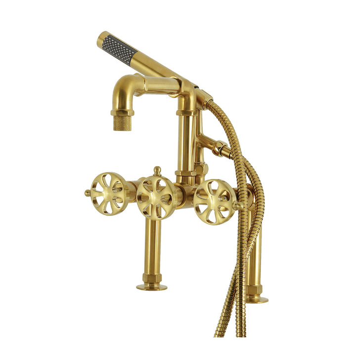 Kingston Sona AE6407RX - Belknap Three-Handle 2-Hole Deck-Mount Clawfoot Tub Faucet with Hand Shower, Brushed Brass