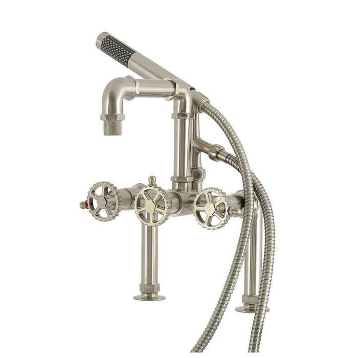 Kingston Sona AE6408CG - Fuller Three-Handle 2-Hole Deck-Mount Clawfoot Tub Faucet with Hand Shower, Brushed Nickel