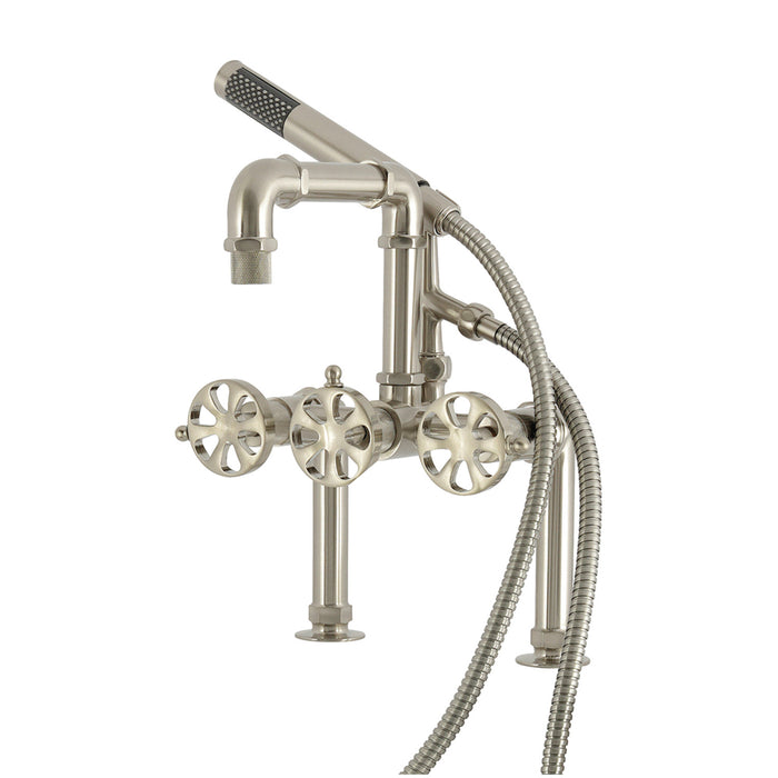 Kingston Sona AE6408RX - Belknap Three-Handle 2-Hole Deck-Mount Clawfoot Tub Faucet with Hand Shower, Brushed Nickel