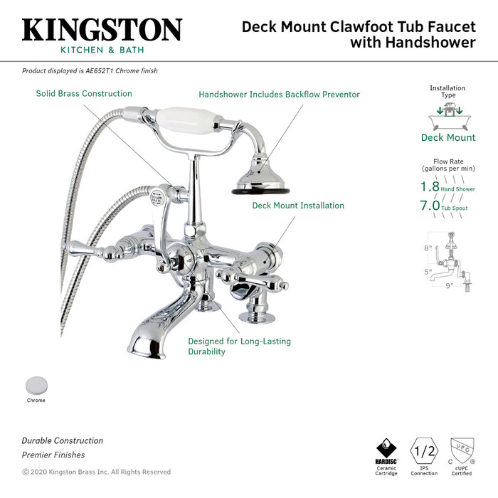 Kingston Heirloom AE652T1 - Vintage Three-Handle 2-Hole Deck-Mount Clawfoot Tub Faucet with Hand Shower, Polished Chrome