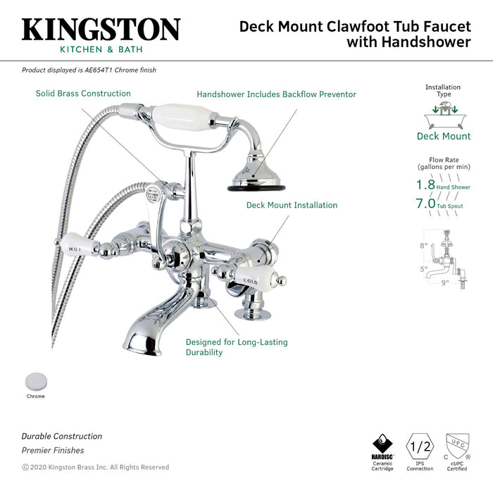 Kingston Heirloom AE654T1 - Vintage Three-Handle 2-Hole Deck-Mount Clawfoot Tub Faucet with Hand Shower, Polished Chrome