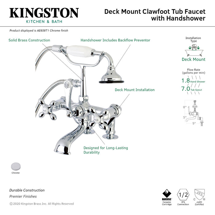 Kingston Heirloom AE658T1 - Vintage Three-Handle 2-Hole Deck-Mount Clawfoot Tub Faucet with Hand Shower, Polished Chrome