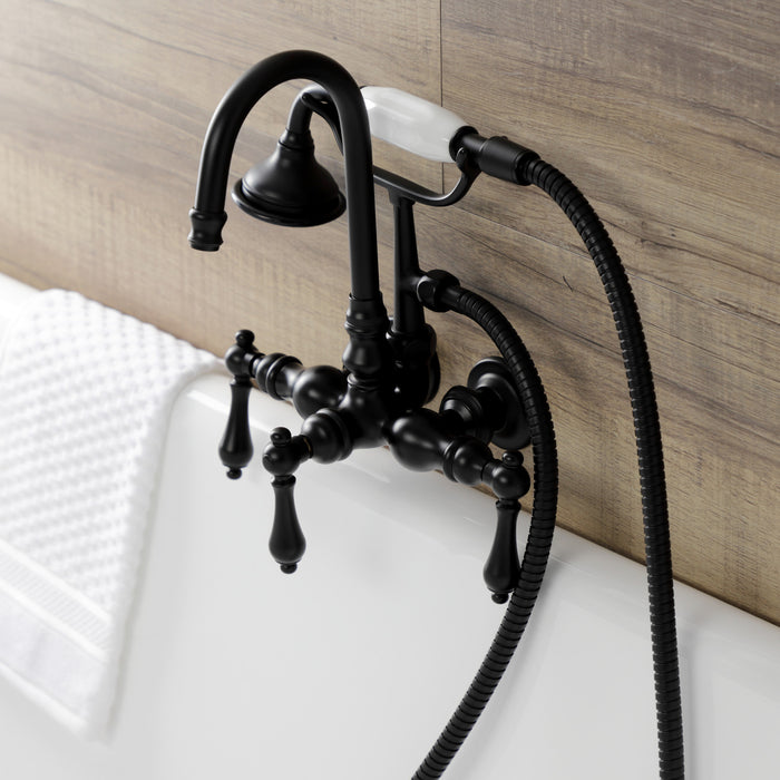 Kingston Heirloom AE7T0 - Aqua Vintage Three-Handle 2-Hole Tub Wall Mount Clawfoot Tub Faucet with Hand Shower, Matte Black